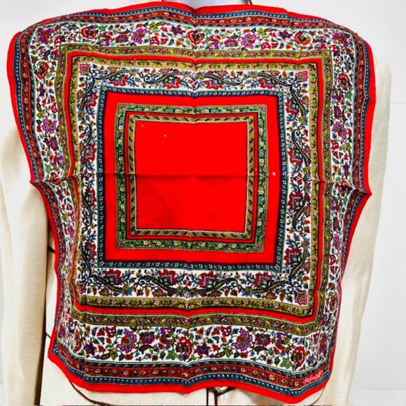 Unused  Yves Saint Laurent Cotton/Silk MiniScarf/Handker Red green Floral (20 - Picture 3 of 6